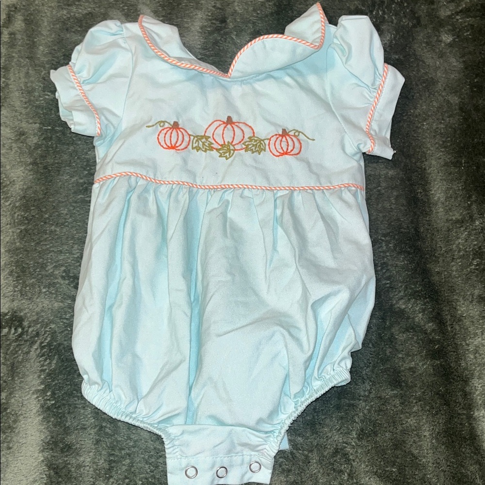 Light Blue Baby Romper with Pumpkin Embroidery